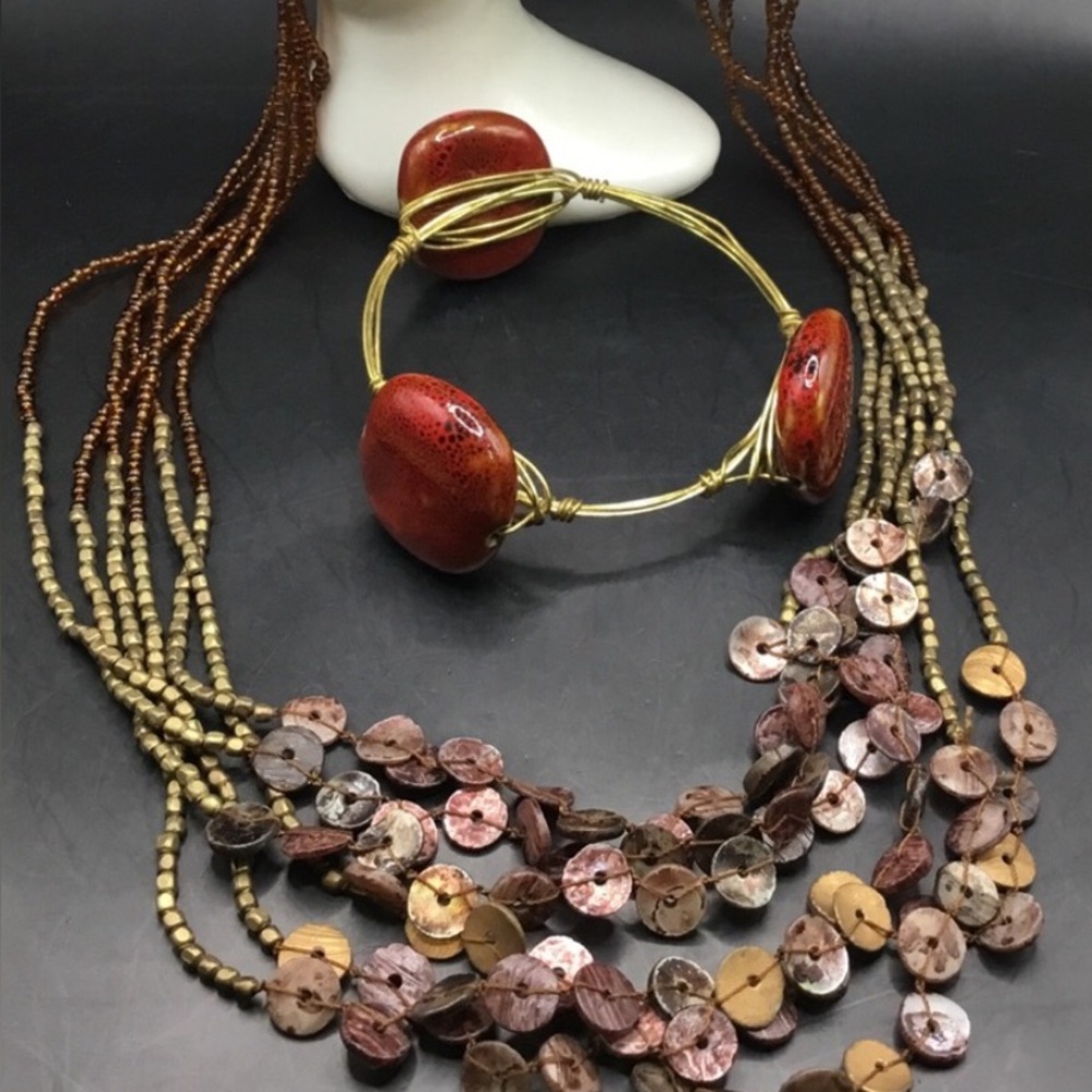 Shell Seed Bead Necklace with matching Copper Wrapped Ceramic Jasper